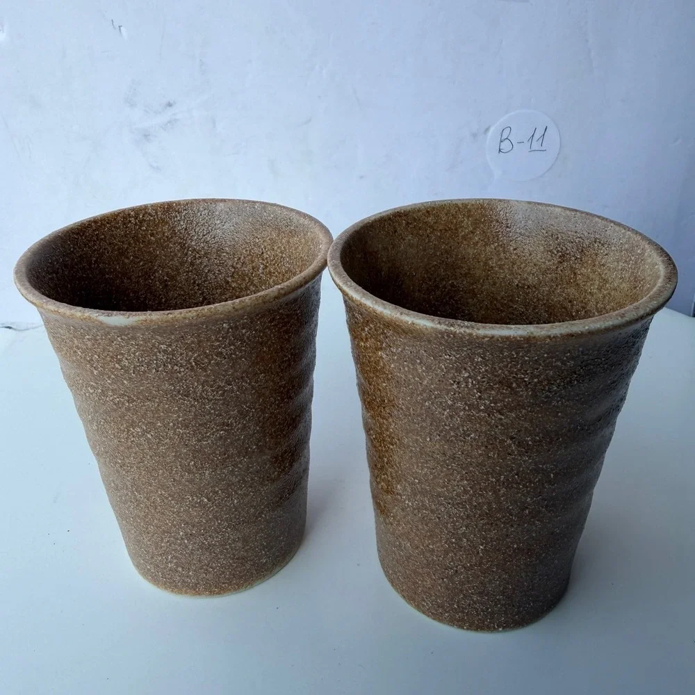 Set of 2 Artisan Stoneware Tumblers Rustic Brown Textured Cups B-11